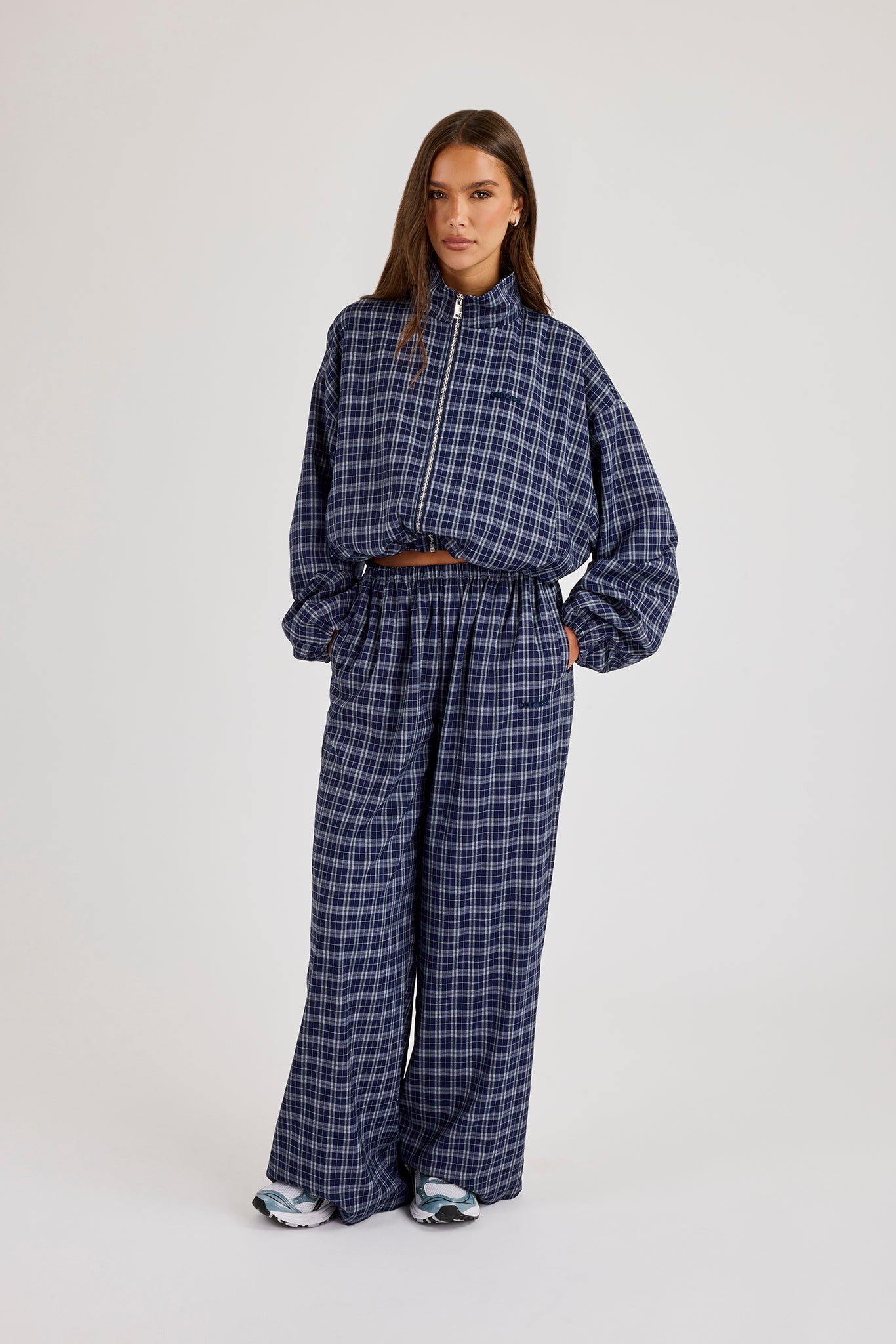 Check Funnel Neck Zip Jacket & Wide Leg Trouser - Navy Blue