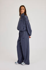Check Wide Leg Trouser - Navy Blue