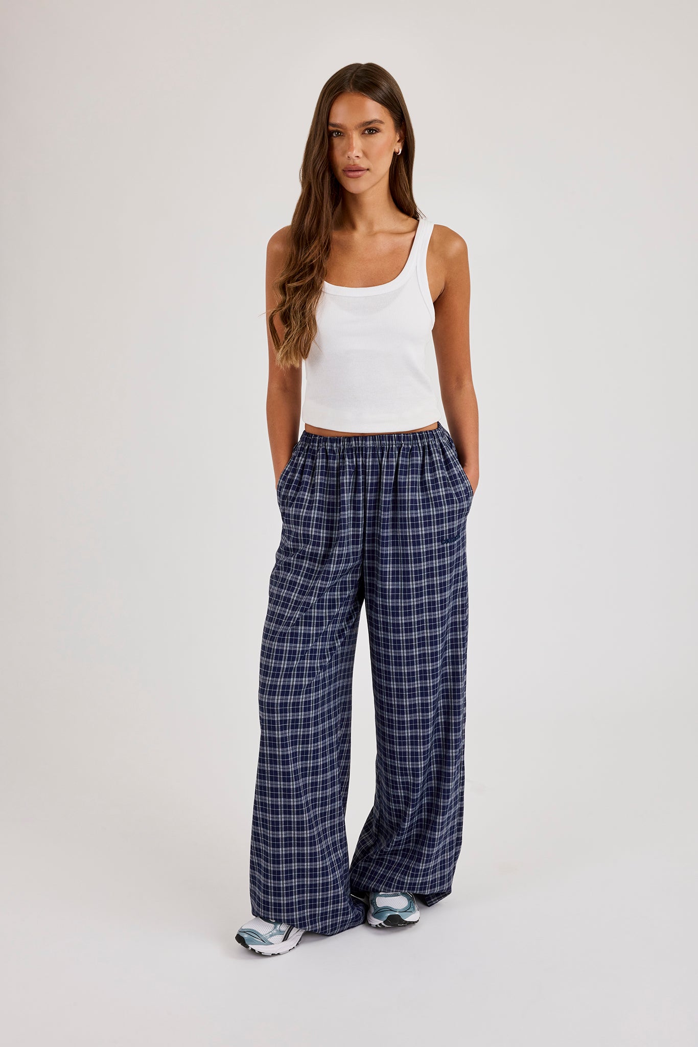 Check Wide Leg Trouser - Navy Blue