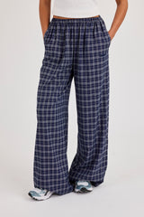 Check Wide Leg Trouser - Navy Blue