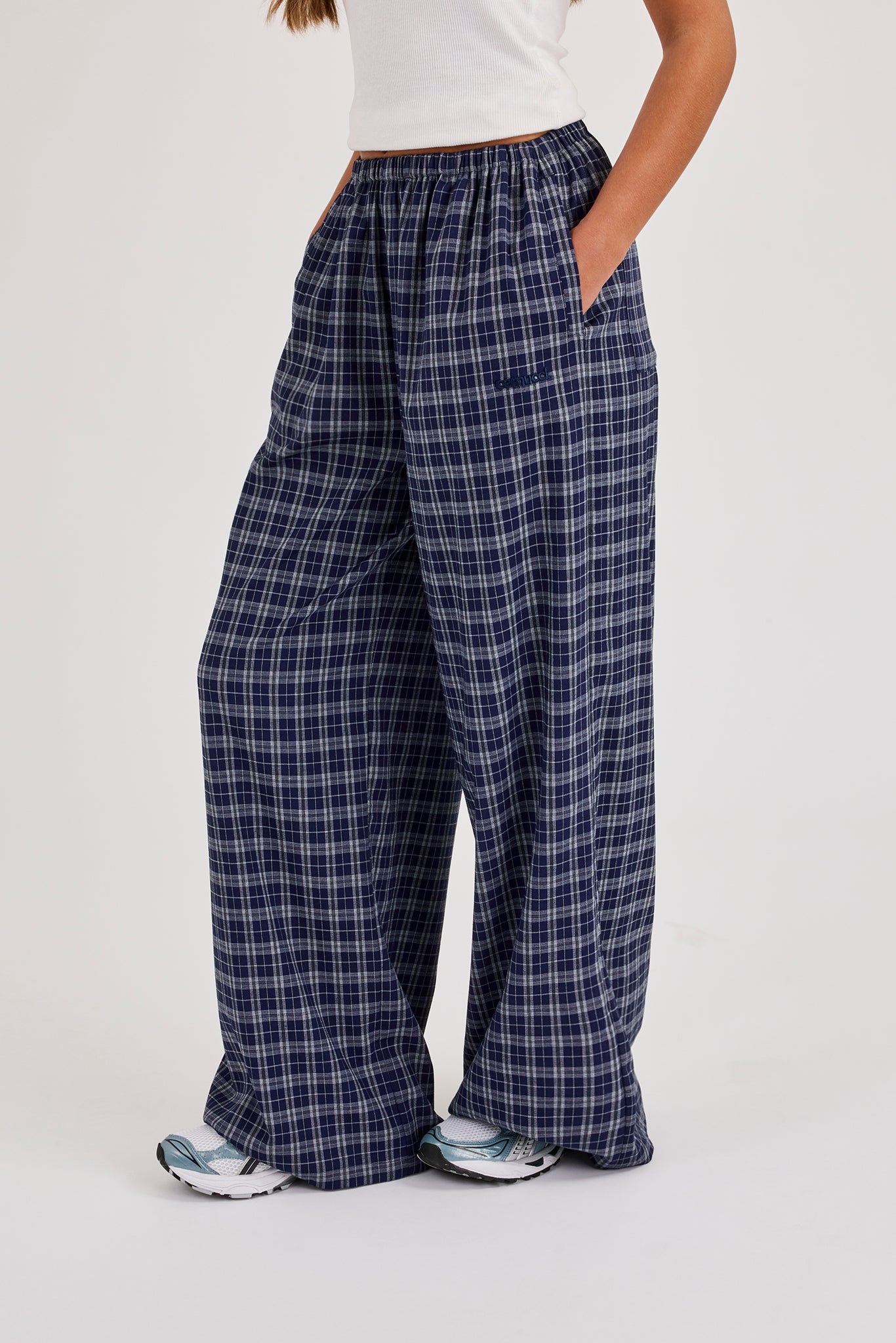 Check Wide Leg Trouser - Navy Blue