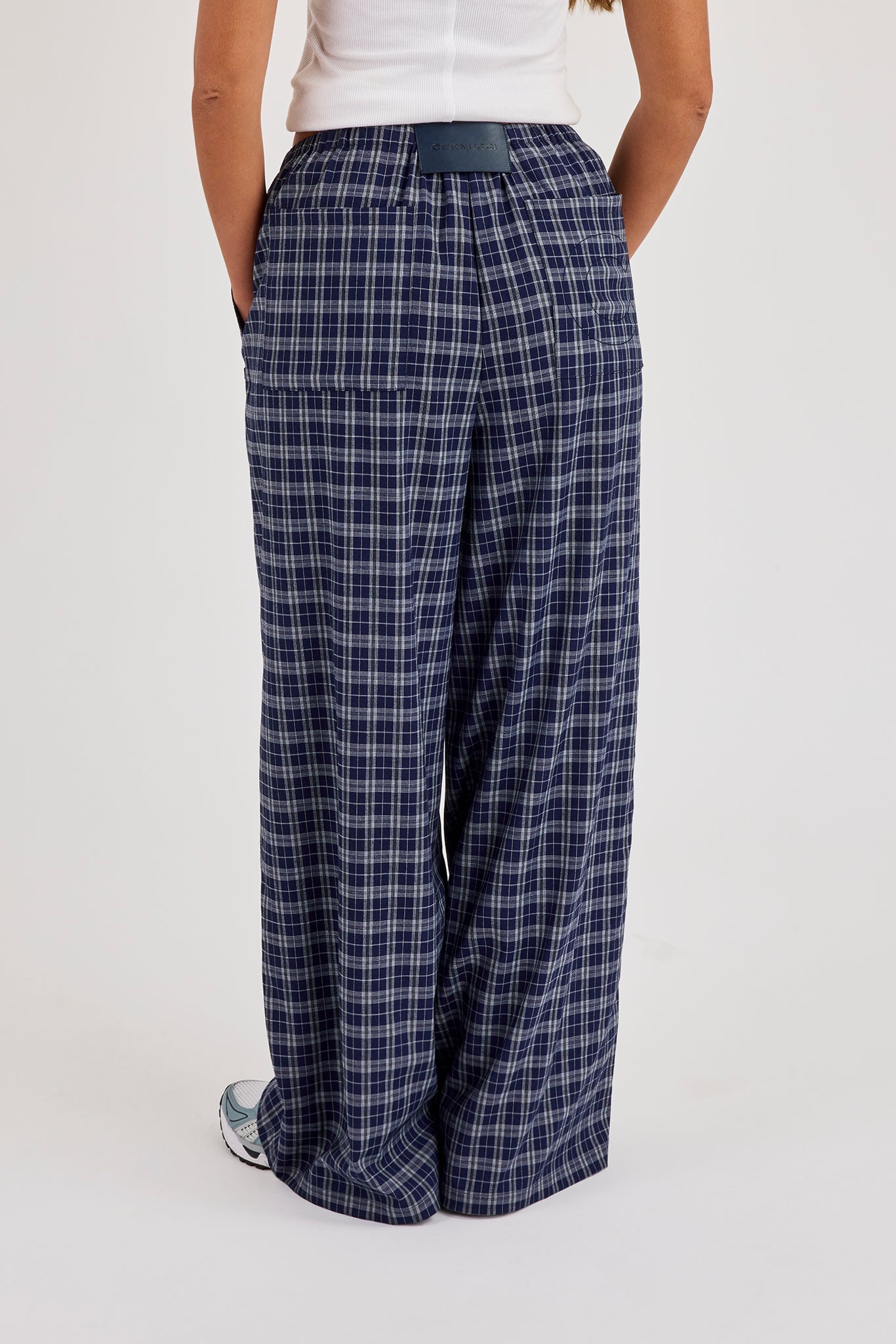 Check Wide Leg Trouser - Navy Blue