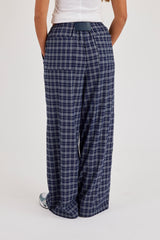 Check Wide Leg Trouser - Navy Blue