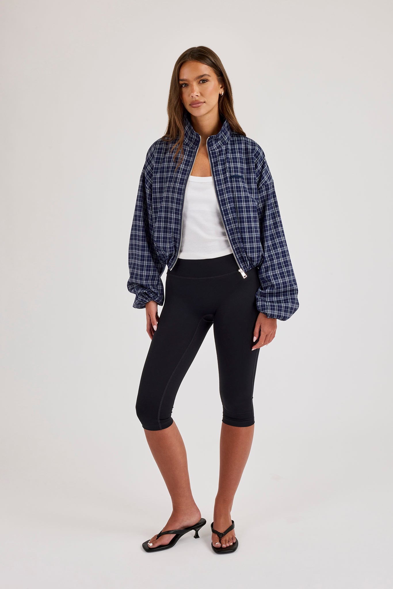 Check Funnel Neck Zip Jacket - Navy Blue