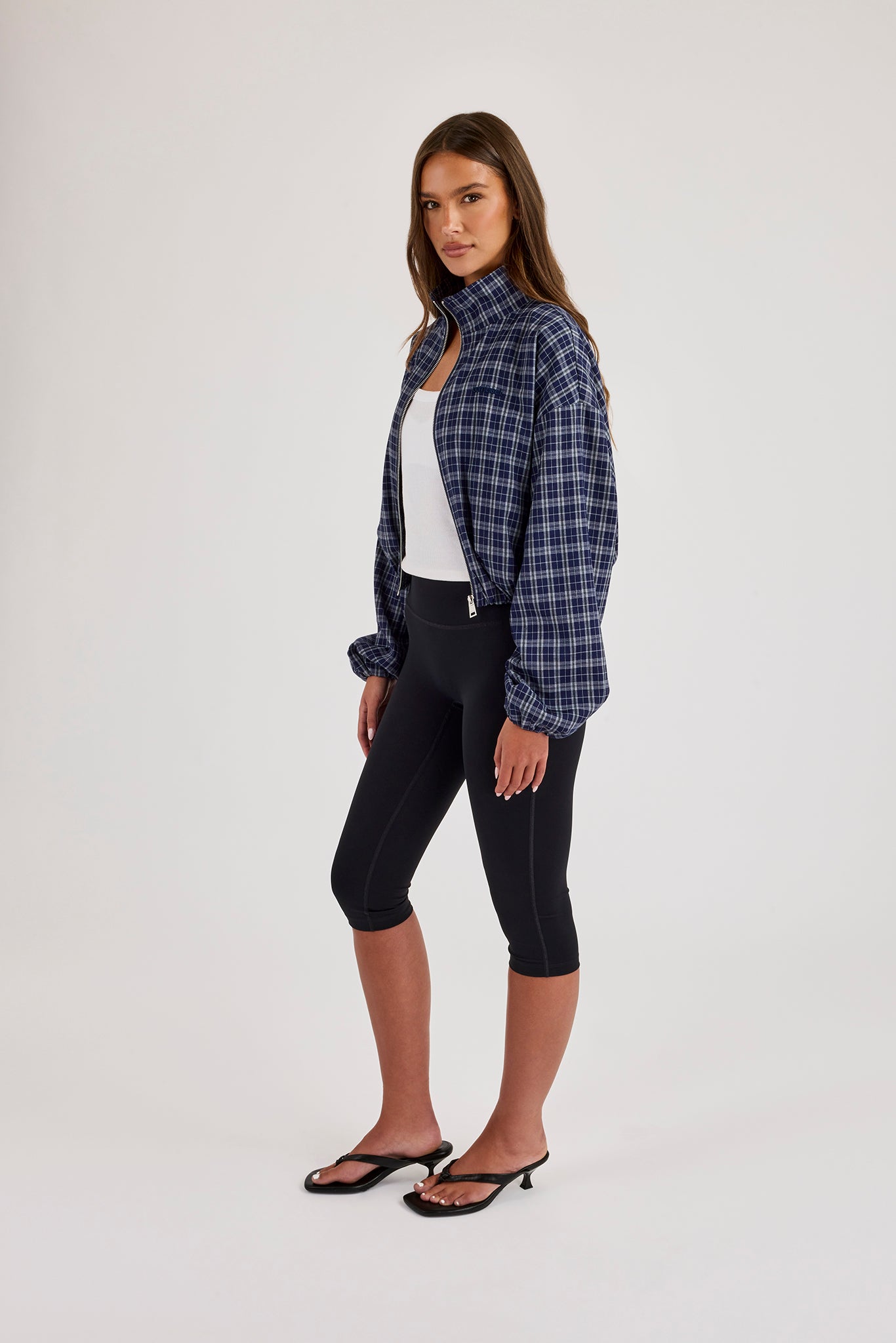 Check Funnel Neck Zip Jacket - Navy Blue
