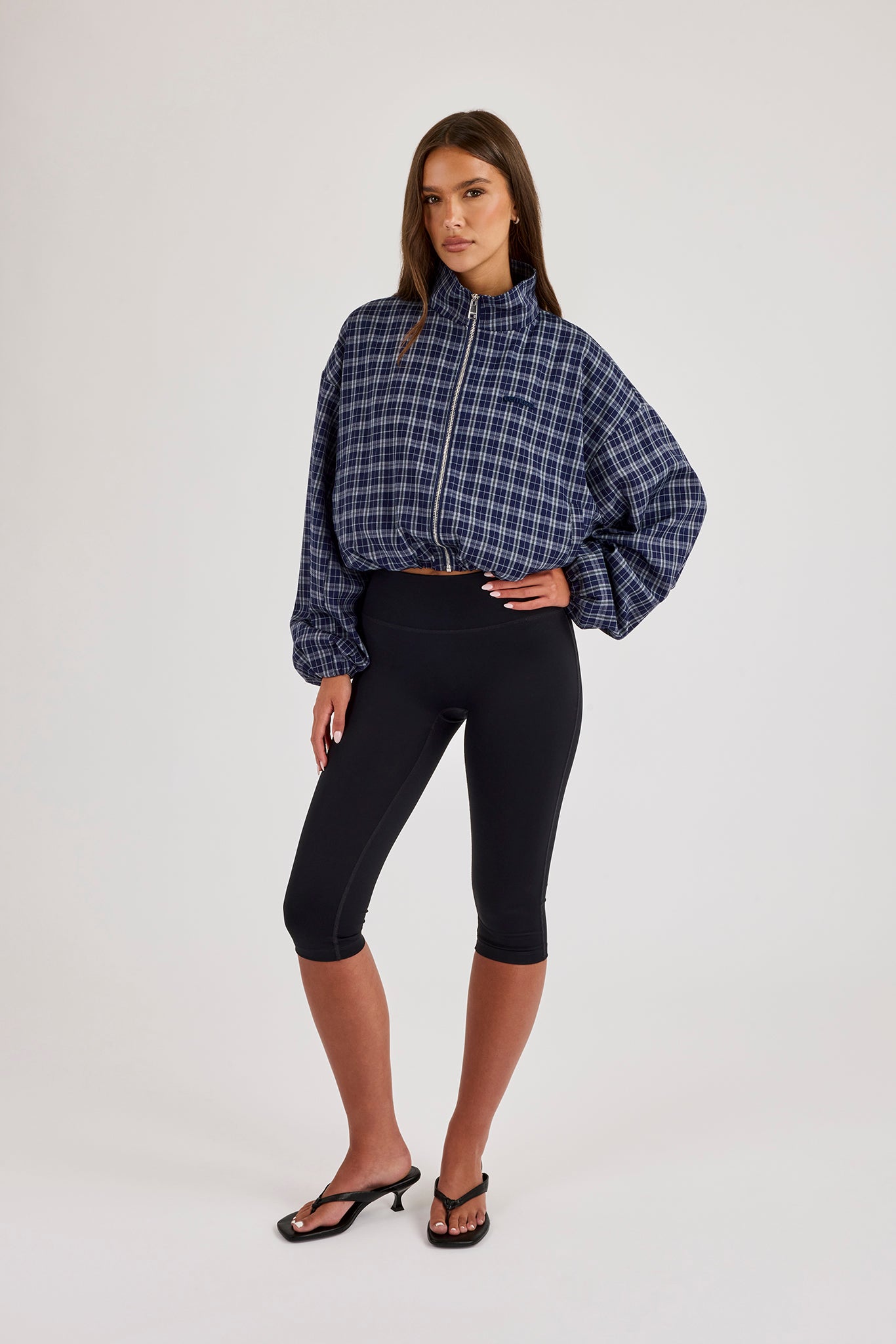 Check Funnel Neck Zip Jacket - Navy Blue