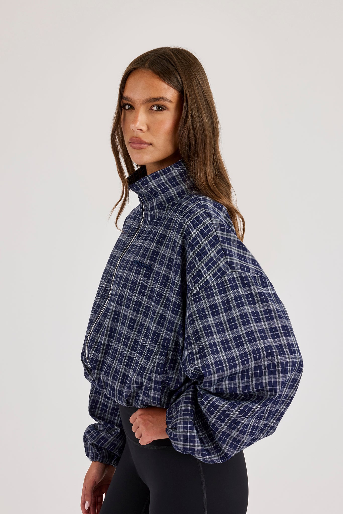 Check Funnel Neck Zip Jacket - Navy Blue