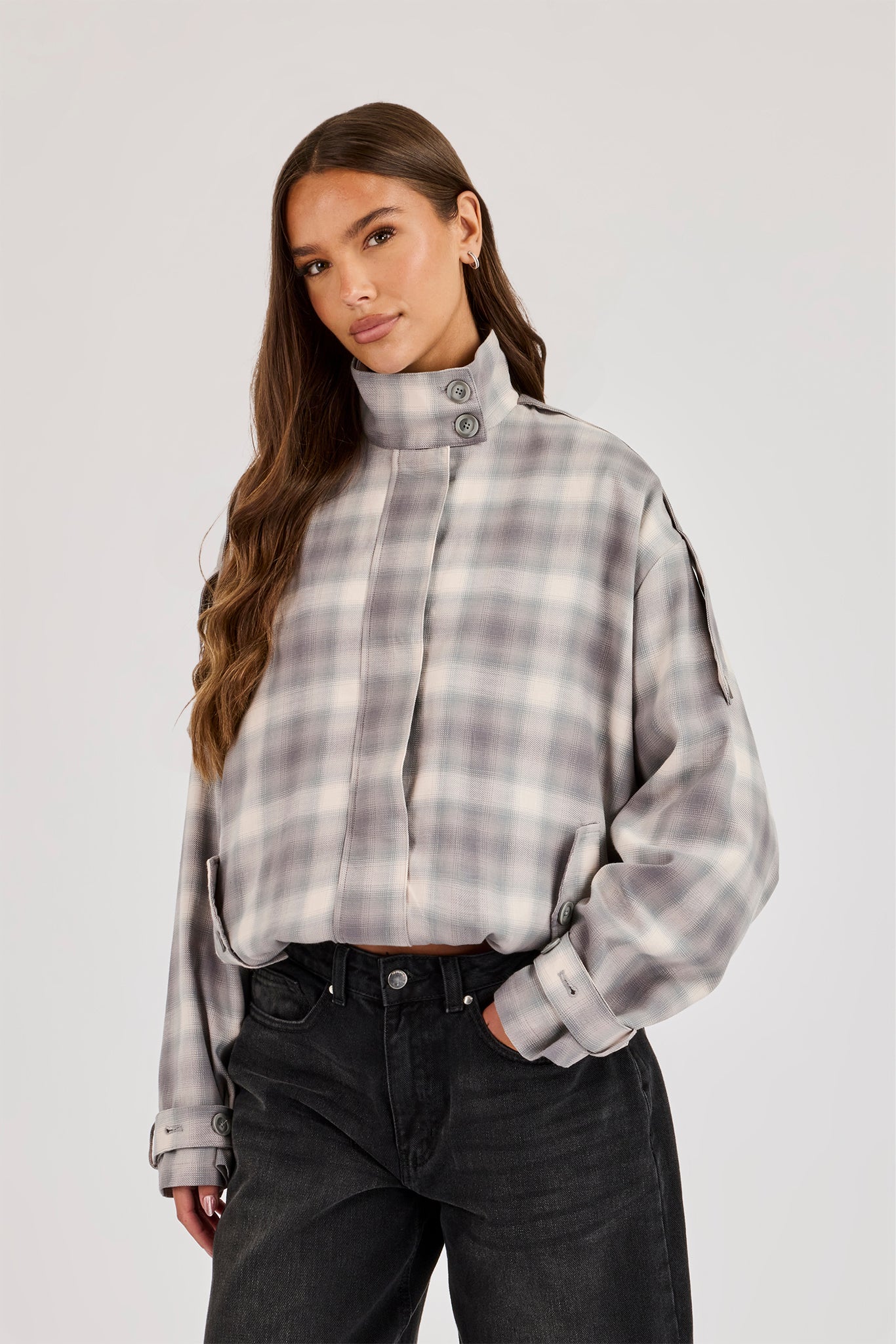 Check Funnel Neck Jacket - Grey