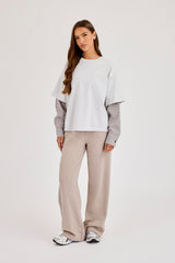 Oversized Layered Check Sleeve T-Shirt - Grey