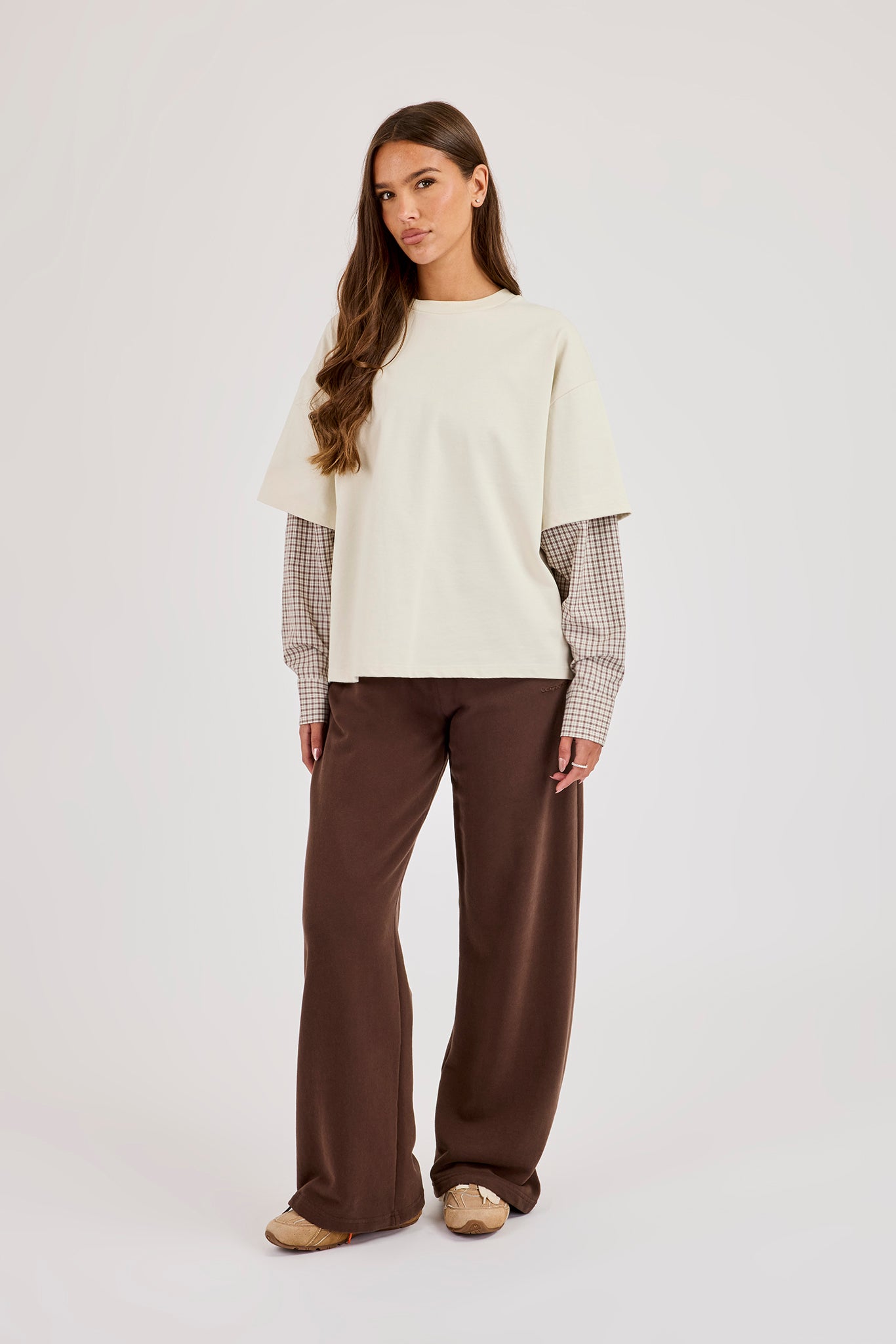 Oversized Layered Check Sleeve T-Shirt - Off White