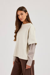 Oversized Layered Check Sleeve T-Shirt - Off White