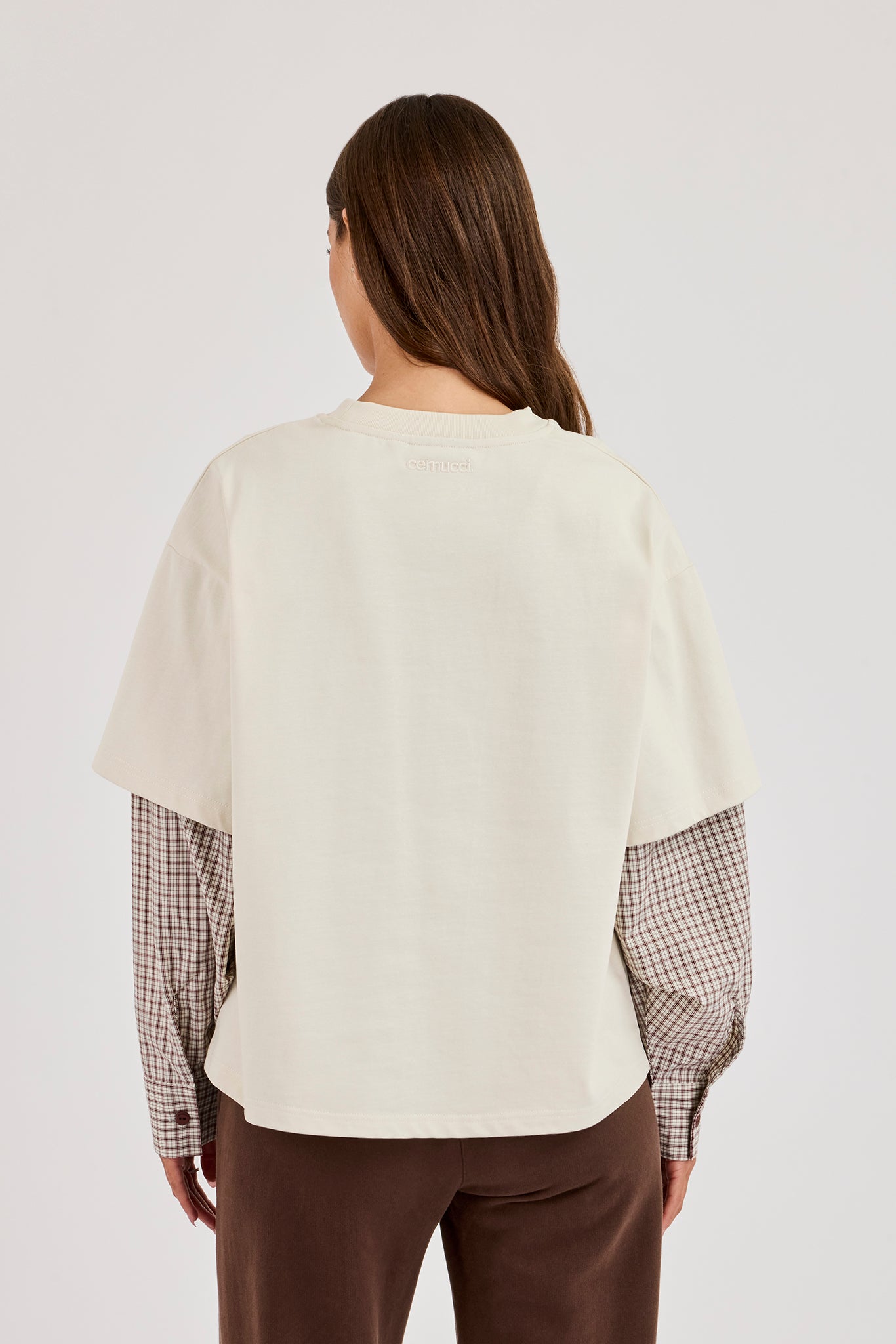 Oversized Layered Check Sleeve T-Shirt - Off White