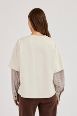 Oversized Layered Check Sleeve T-Shirt - Off White