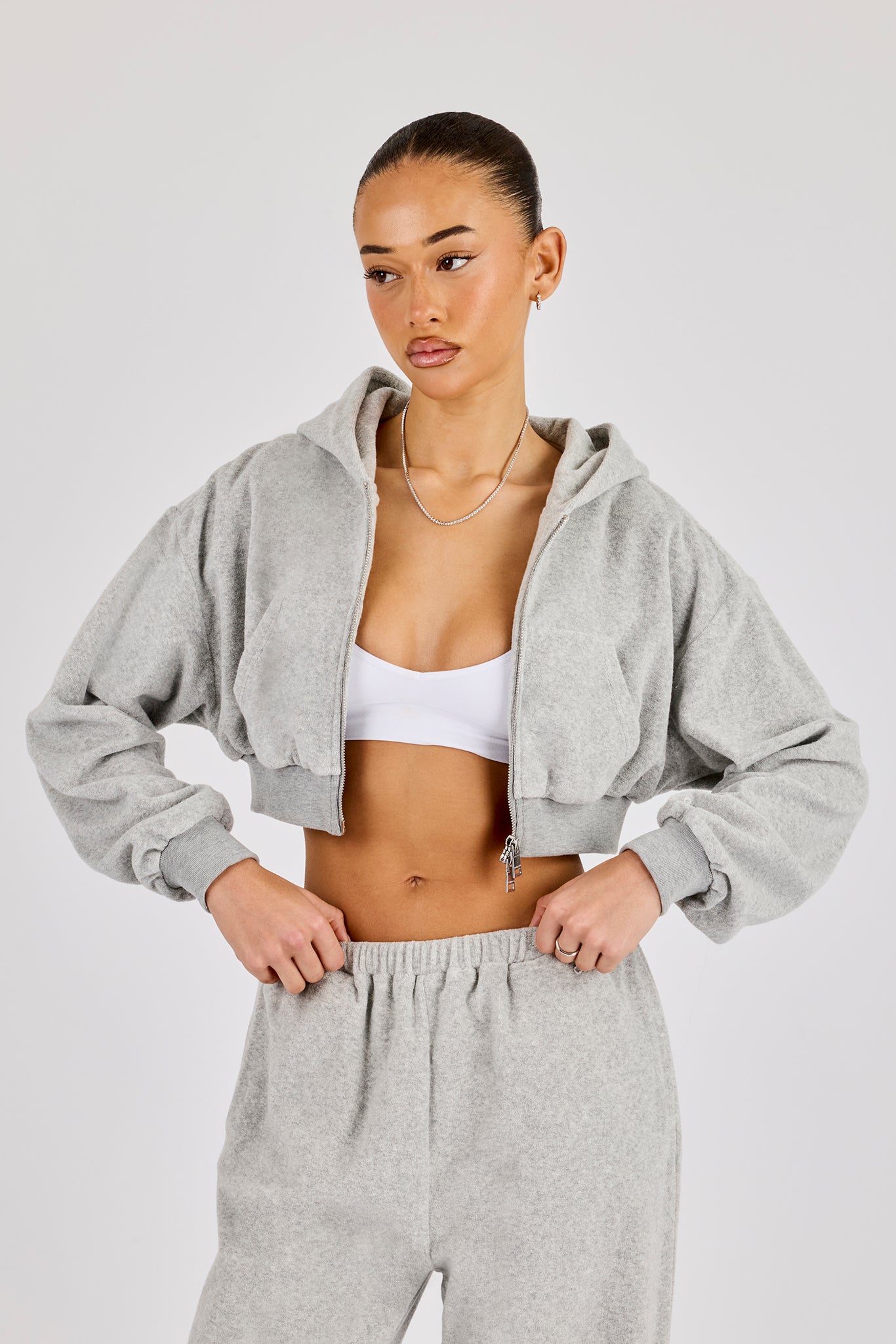 Towelling Cropped Zip Hoodie - Grey