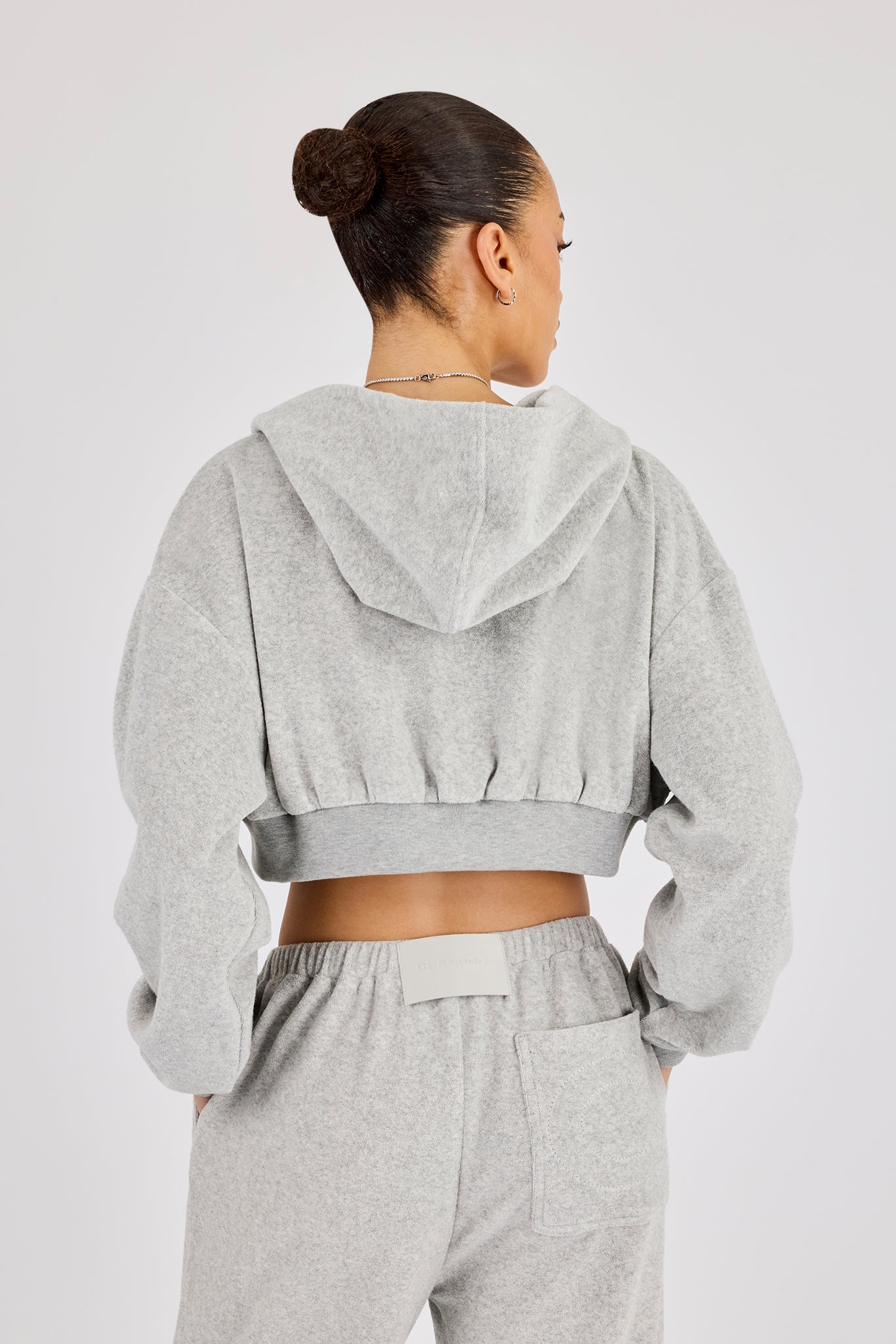 Towelling Cropped Zip Hoodie - Grey