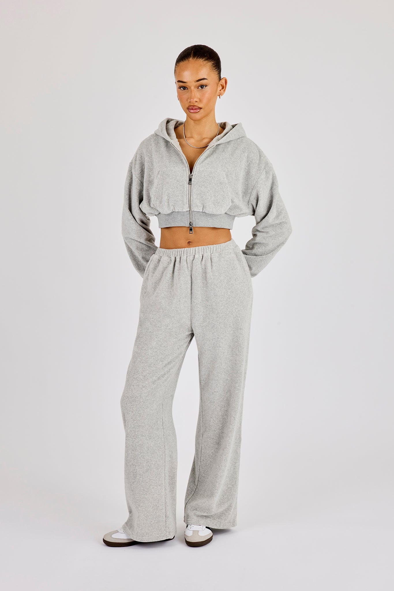 Towelling Cropped Zip Hoodie & Relaxed Jogger - Grey