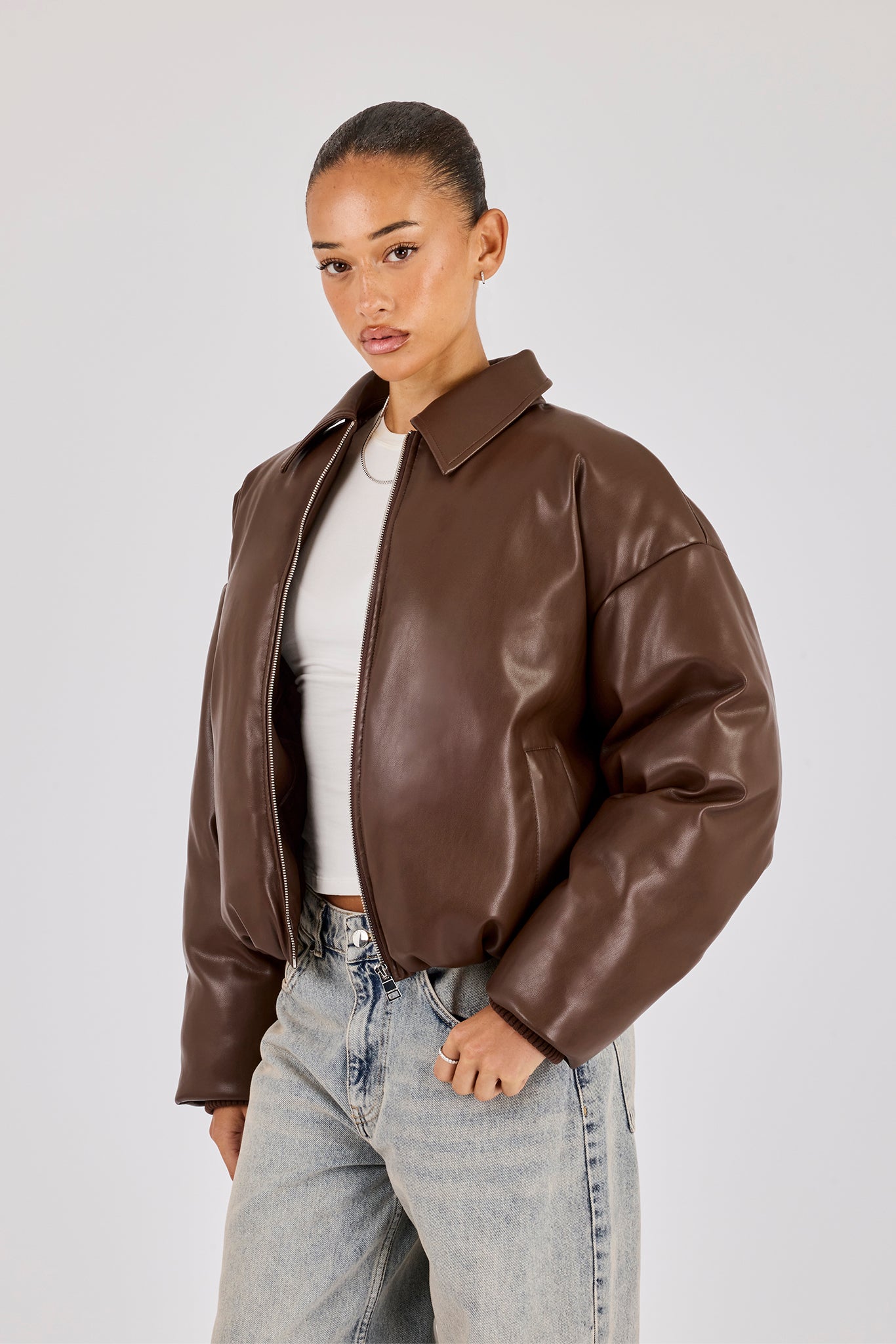 PU Padded Collared Bomber Jacket - Brown | Womens Outerwear | Shop