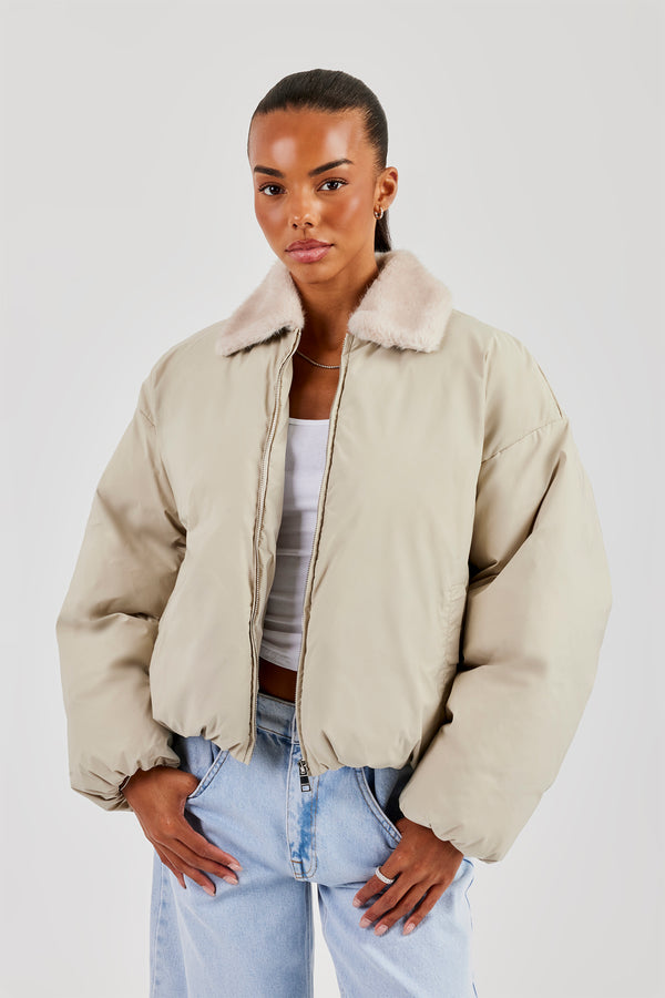 Padded Bomber With Fur Collar - Sage