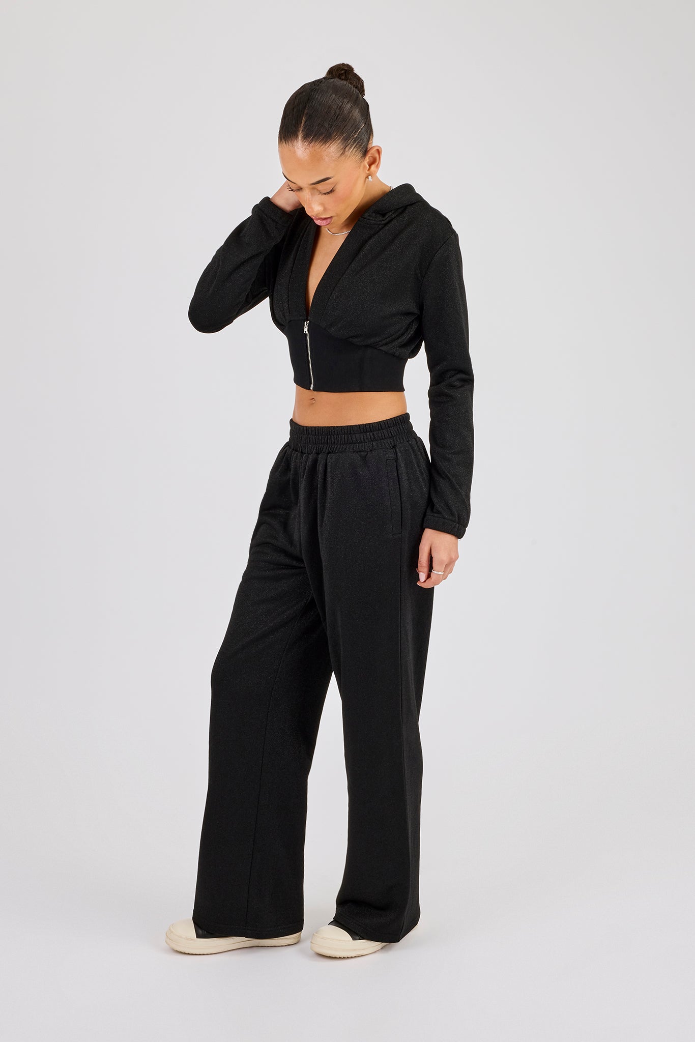 Glitter Fitted Cropped Hoodie & Wide Leg Jogger - Black