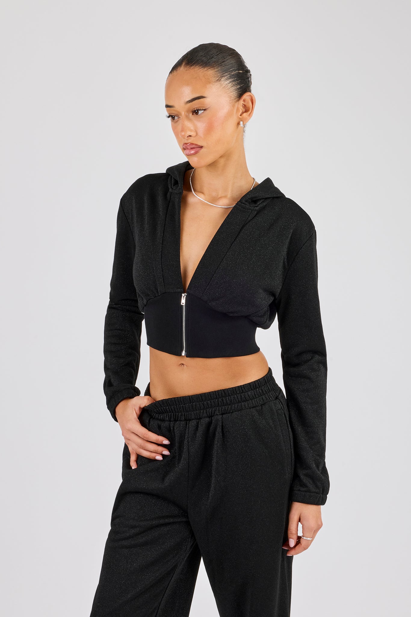 Glitter Fitted Cropped Hoodie - Black | Womens Hoodies & Sweats