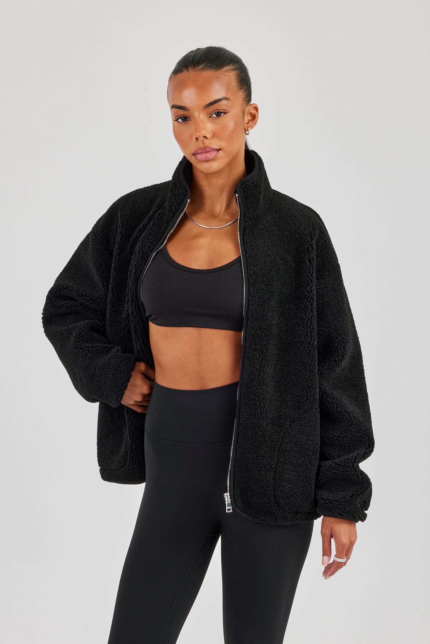Borg Zip Through Fleece - Black | Womens Outerwear | Shop Jackets