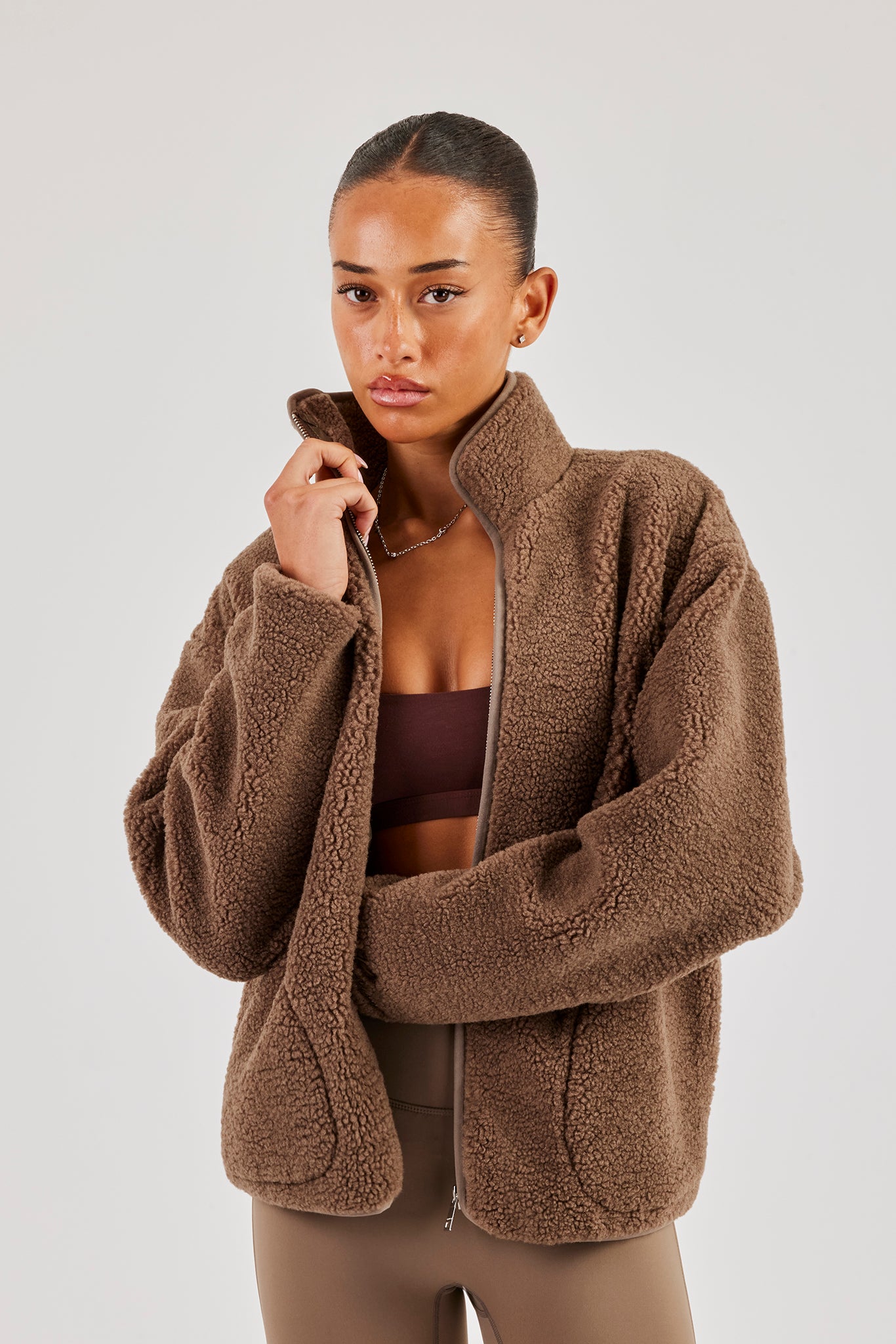 Borg Fleece mit durchgehendem Reißverschluss - Braun