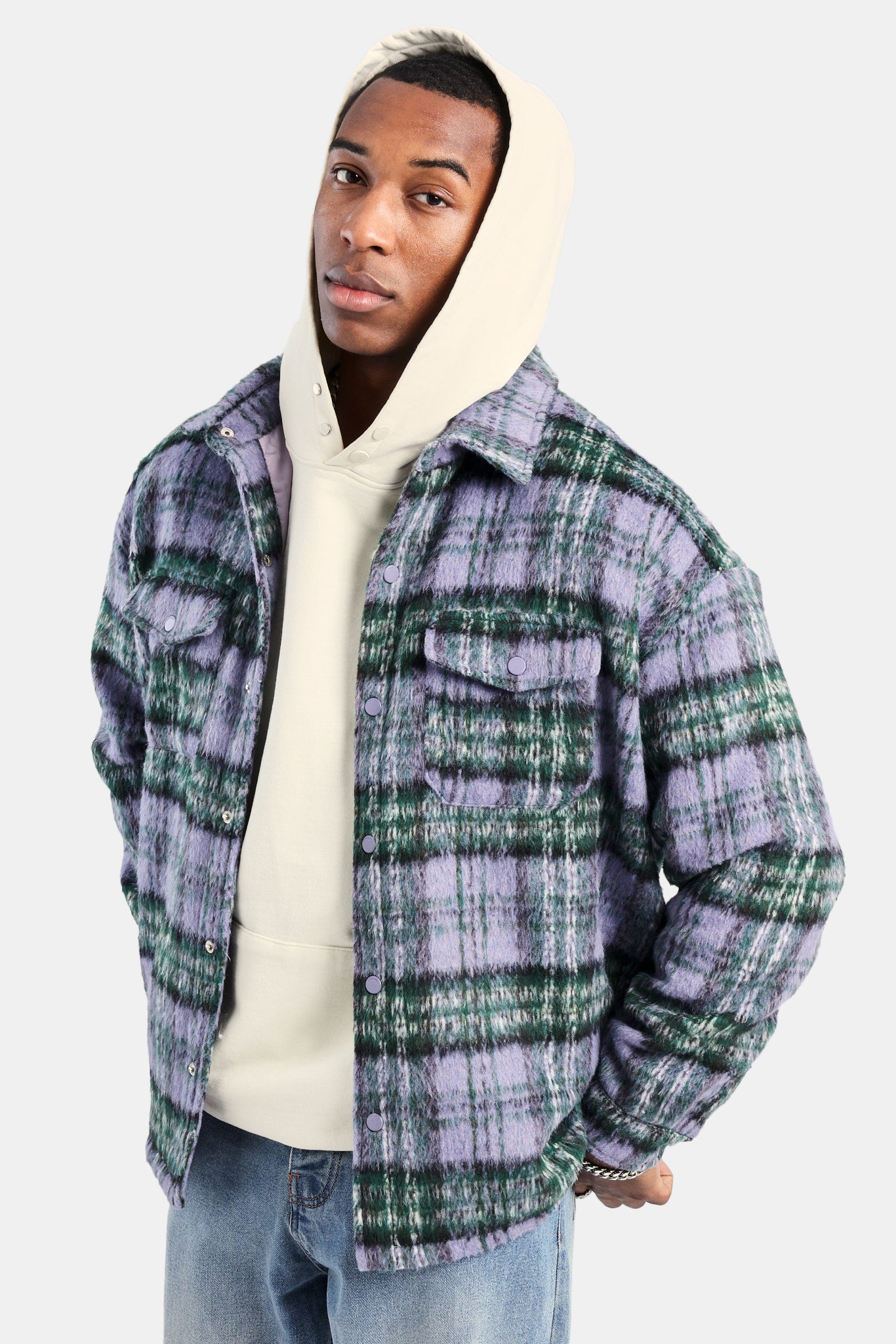 Oversized Brushed Check Overshirt - Purple | Mens Shirts | Shop