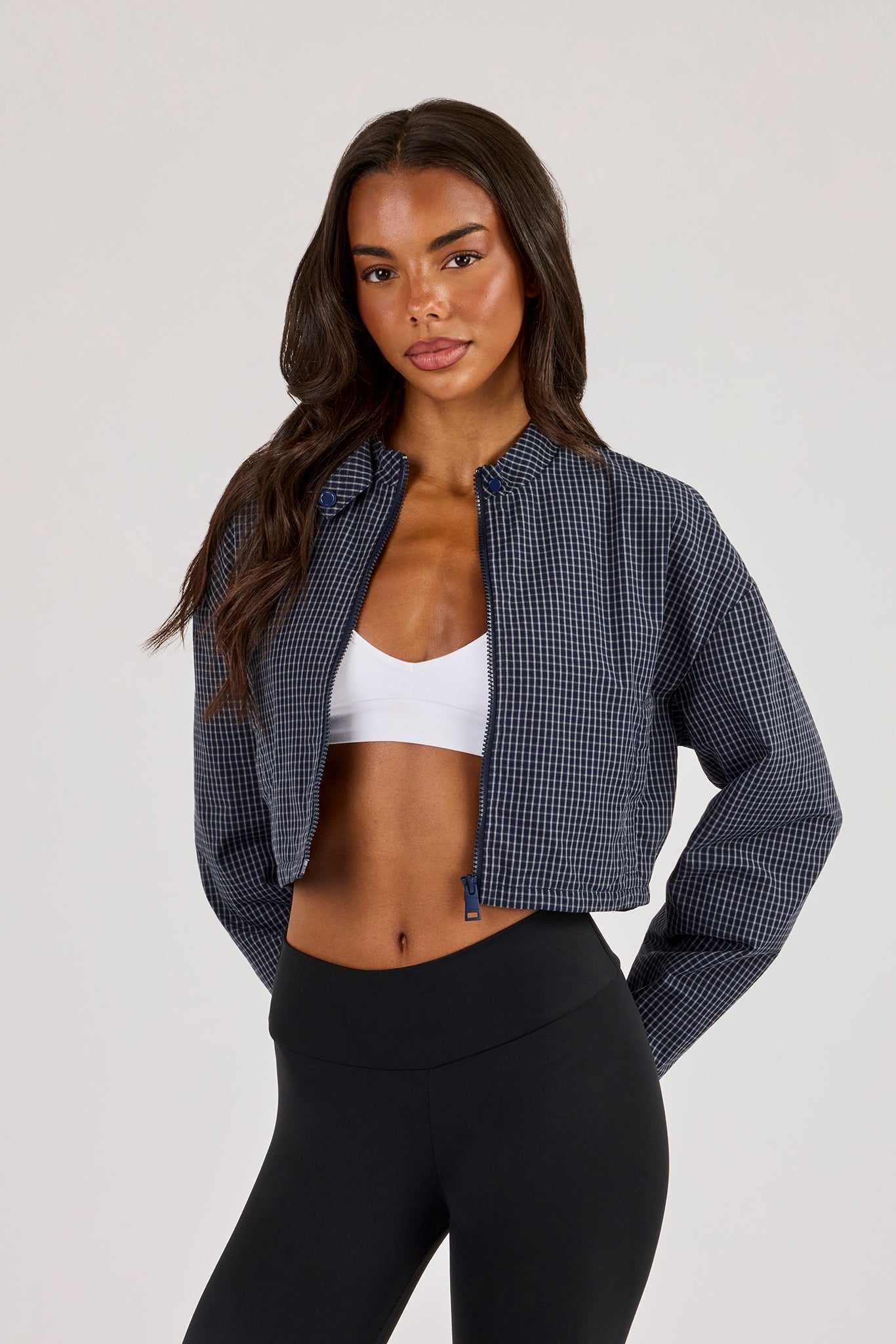 Check Funnel Neck Jacket - Navy