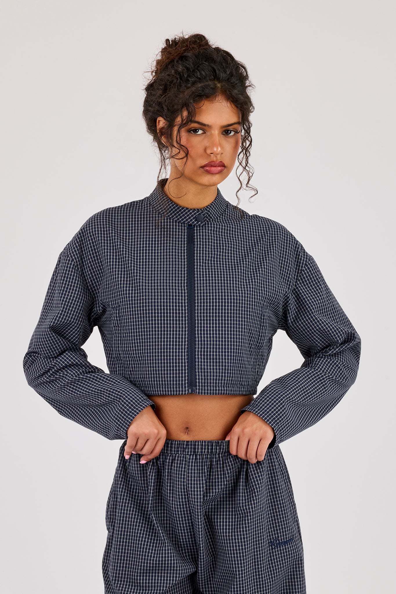 Check Funnel Neck Jacket - Navy