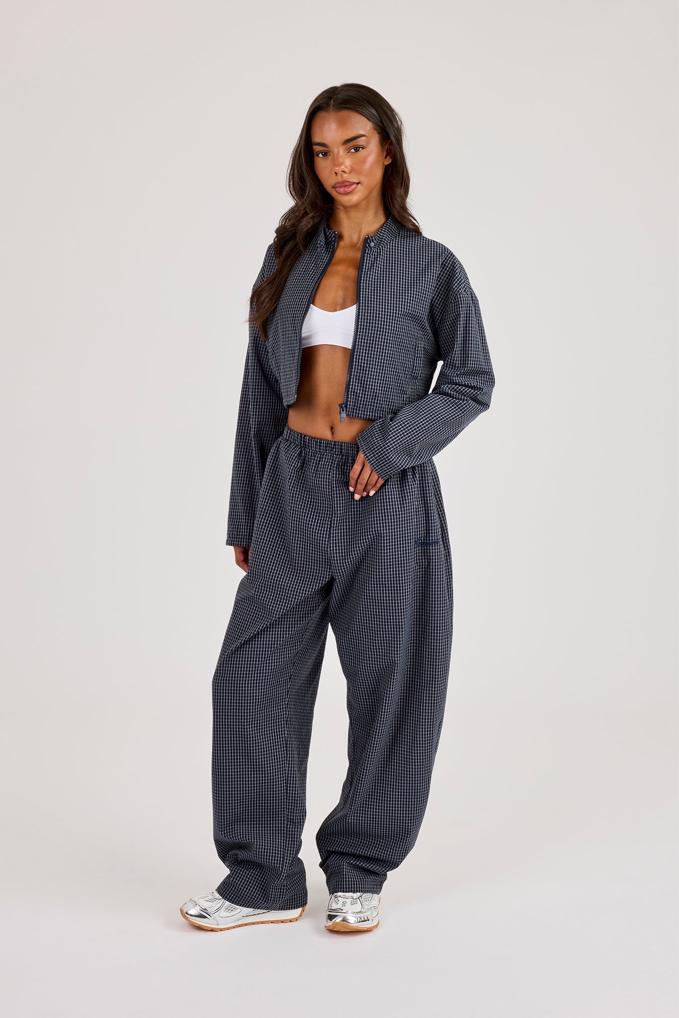 Check Funnel Neck Jacket & Barrel Leg Trouser - Navy