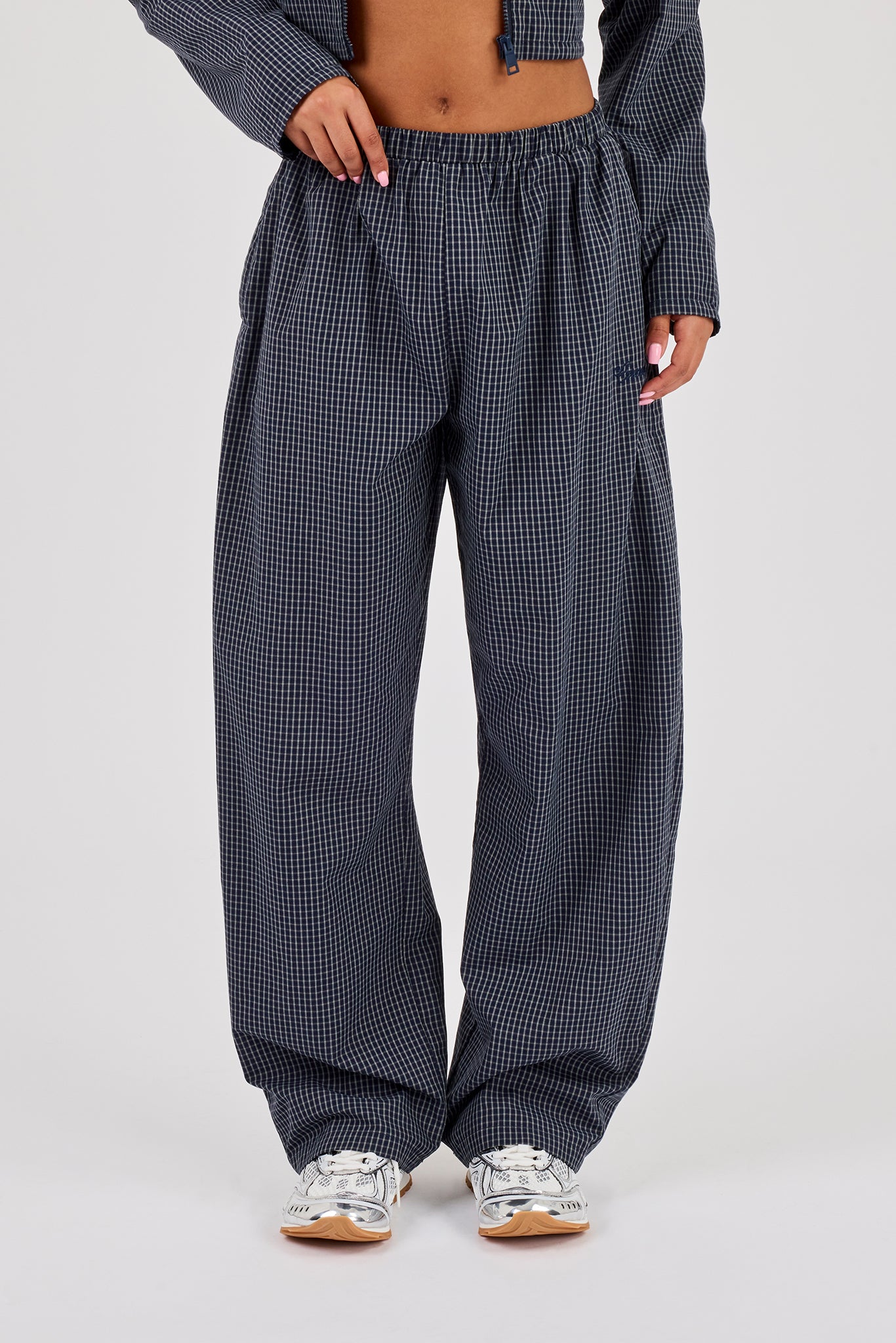 Hose mit Hahnentrittmuster und weitem Bein – Marineblau