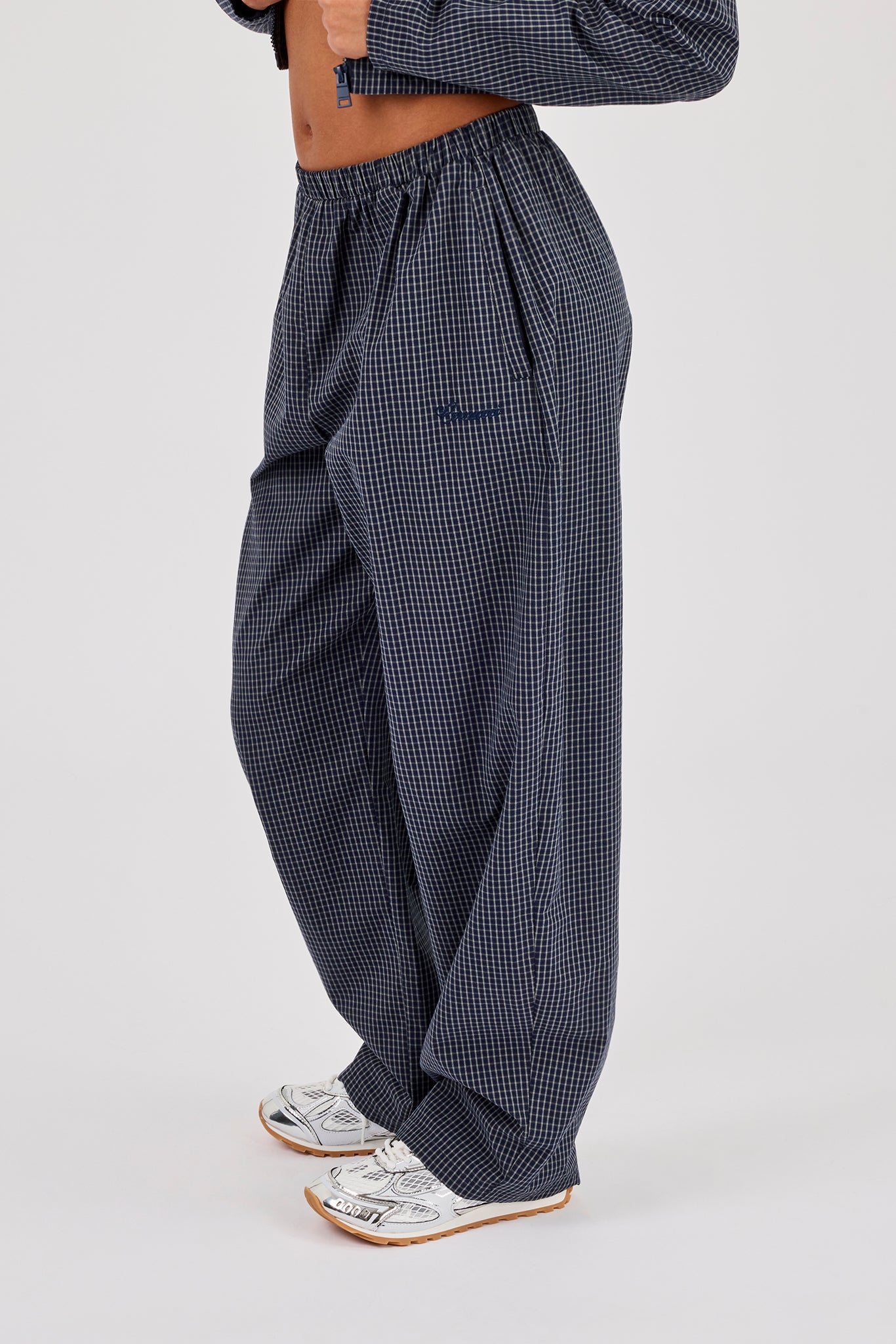 Hose mit Hahnentrittmuster und weitem Bein – Marineblau