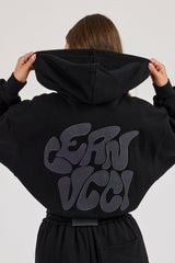 Chain Stitch Cropped Zip Through Hoodie - Black