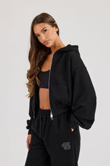 Chain Stitch Cropped Zip Through Hoodie - Black