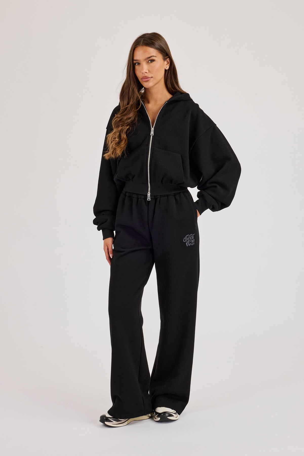 Chain Stitch Cropped Zip Through Hoodie & Wide Leg Jogger - Black