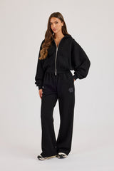 Chain Stitch Cropped Zip Through Hoodie & Wide Leg Jogger - Black