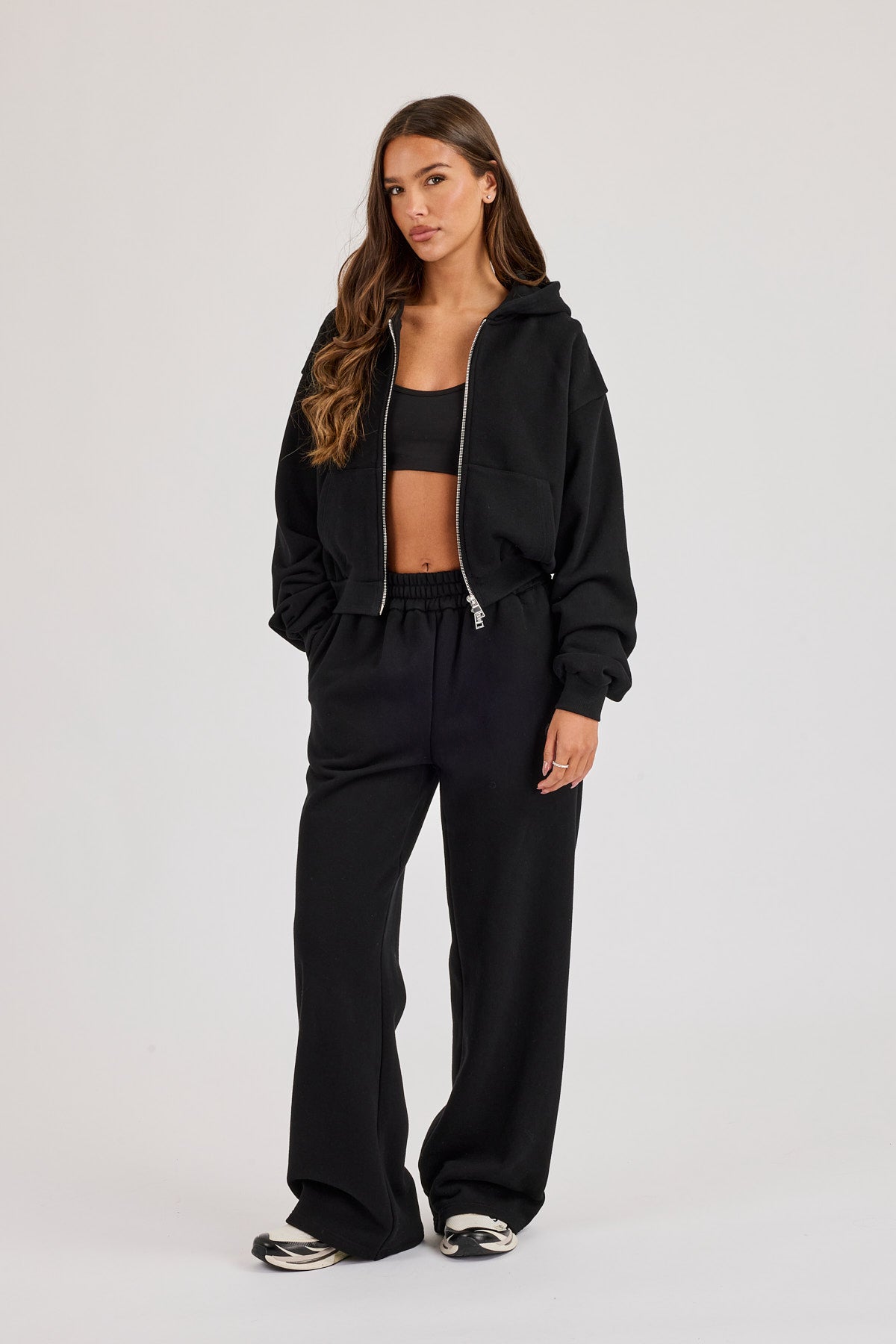 Chain Stitch Cropped Zip Through Hoodie & Wide Leg Jogger - Black