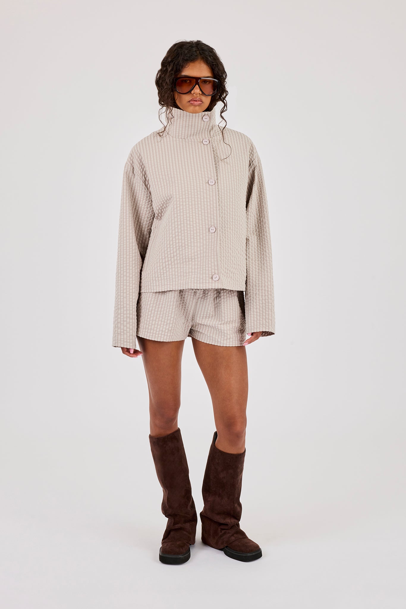 Crinkle Check Nylon Jacket & Short - Stone