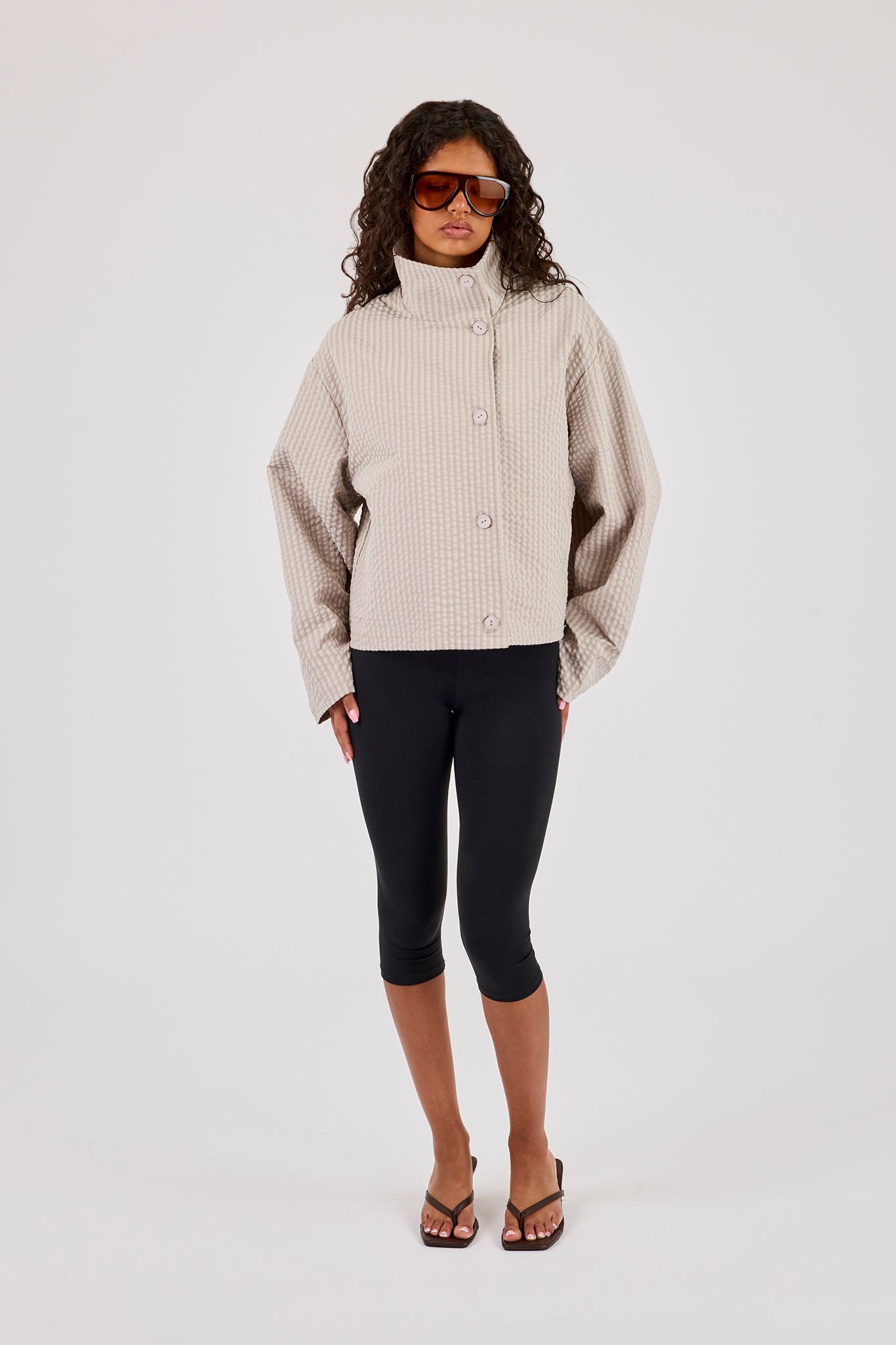 Crinkle Check Nylon Jacket - Stone