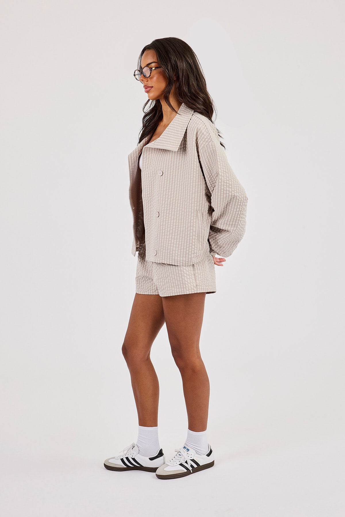 Crinkle Check Nylon Trench Jacket & Short - Stone