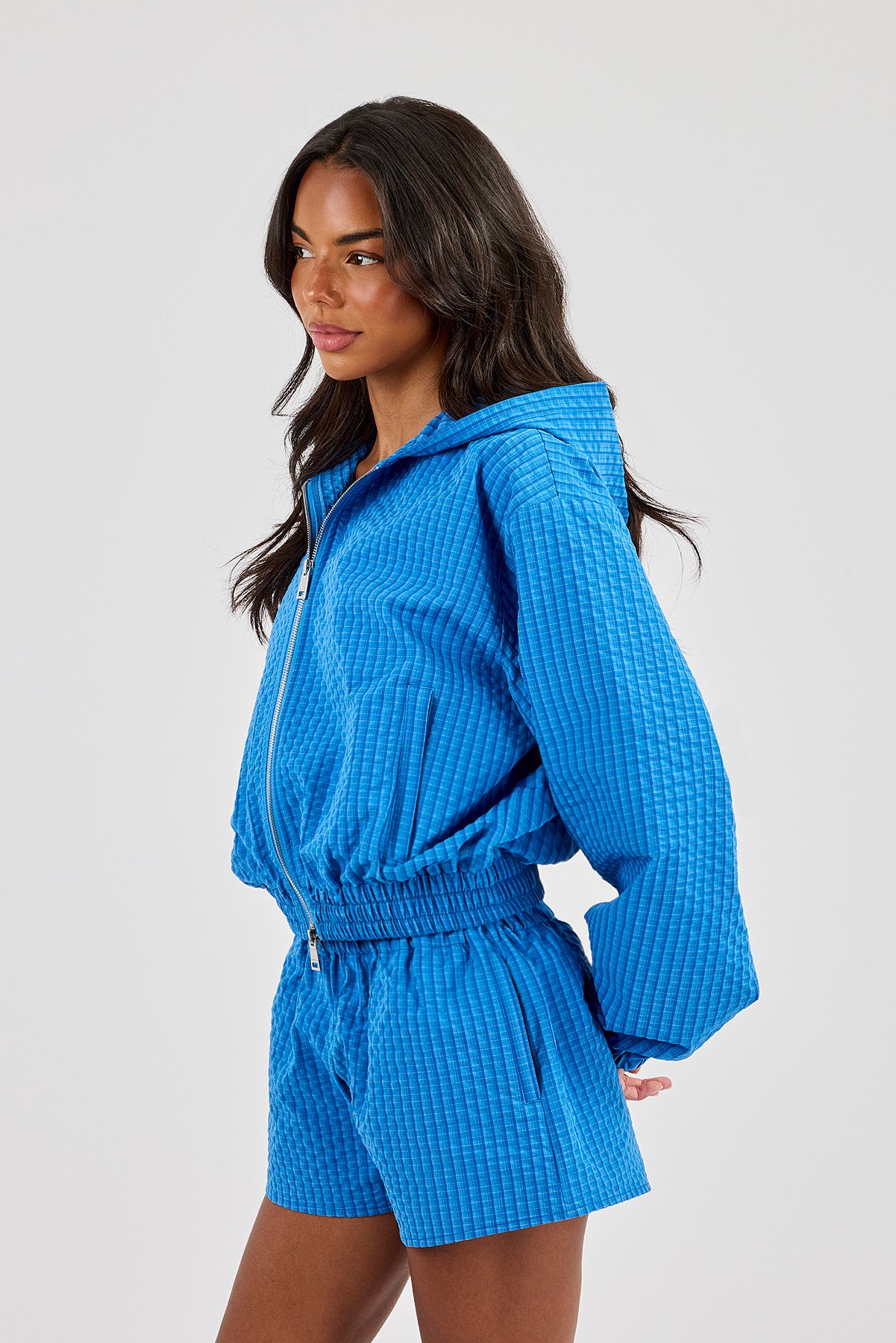 Crinkle Check Nylon Hooded Zip Through - Blue