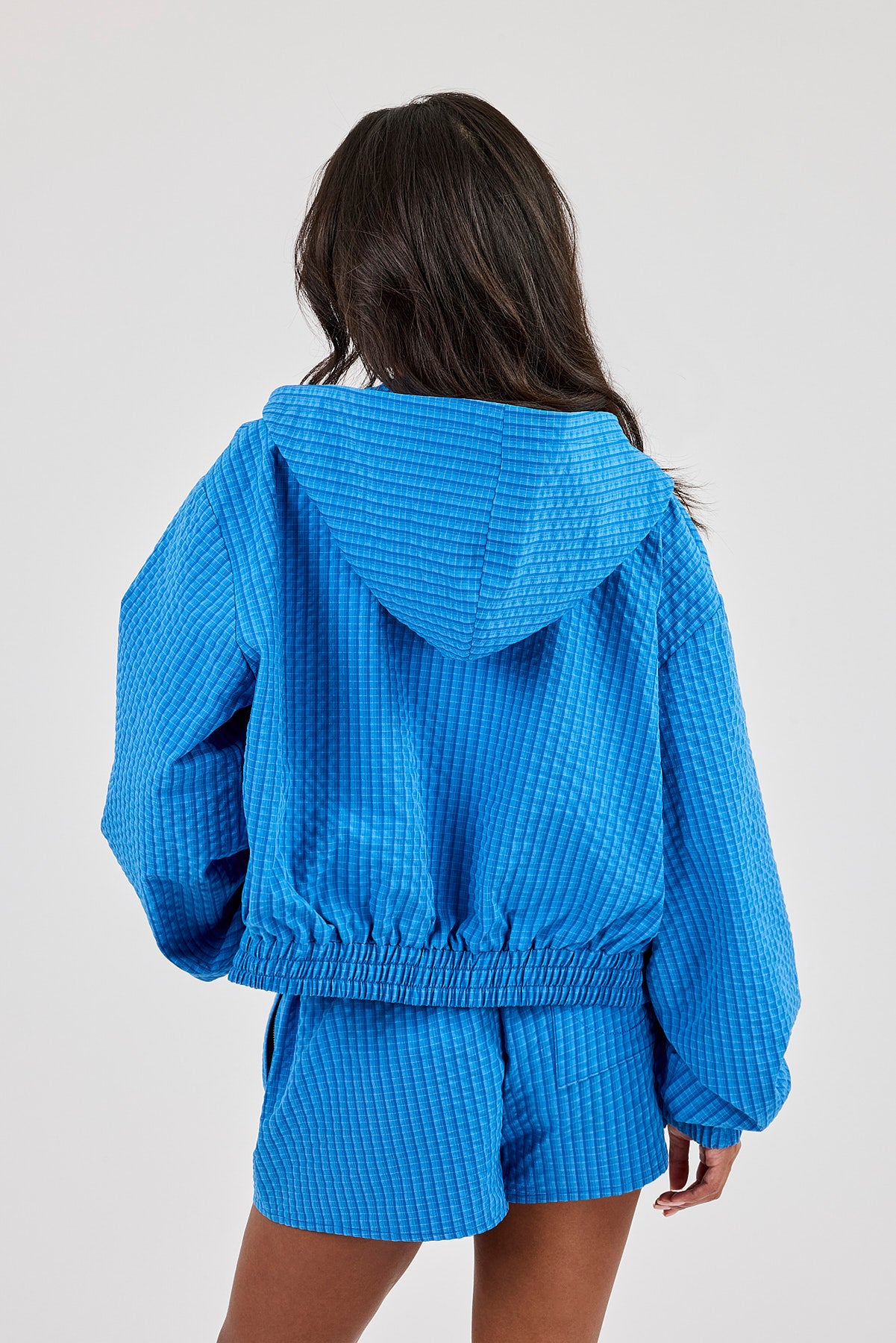 Crinkle Check Nylon Hooded Zip Through - Blue