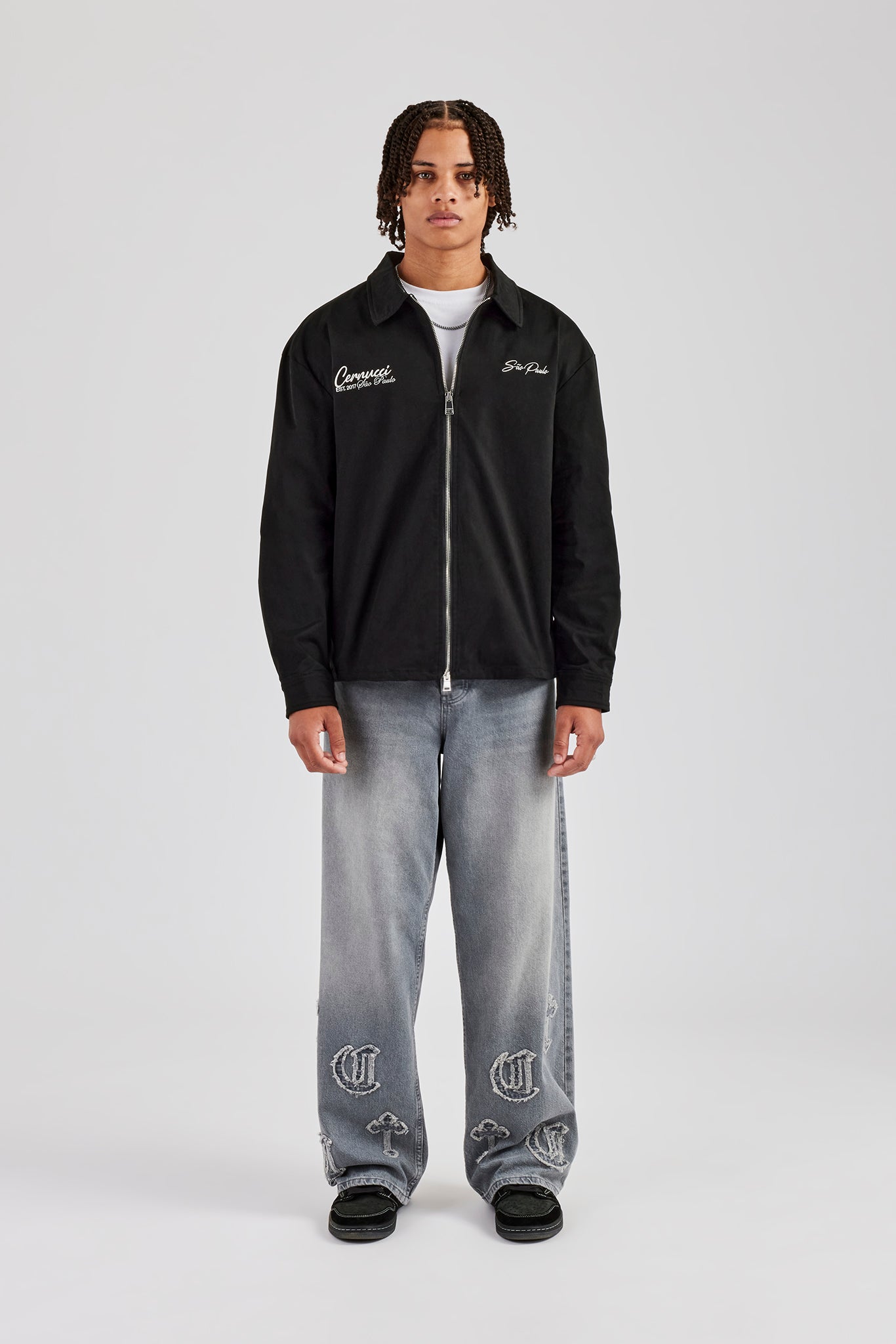 Baumwollhemd mit Reißverschluss und Stickerei - Schwarz