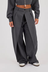 Woven Double Pleat Barrel Leg Trouser - Charcoal