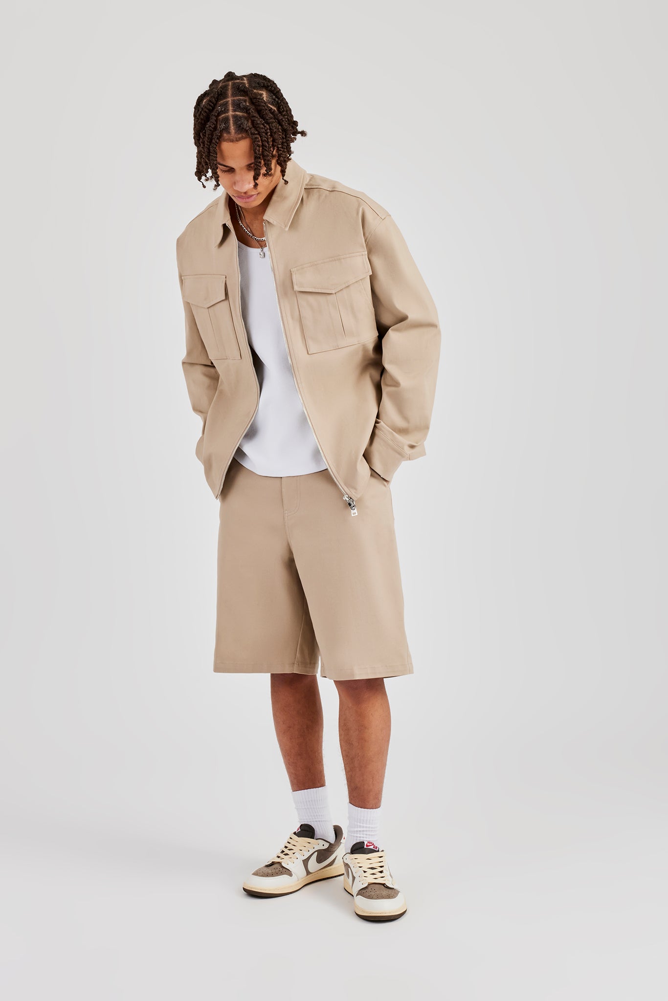 Utility Zip Through Overshirt - Beige