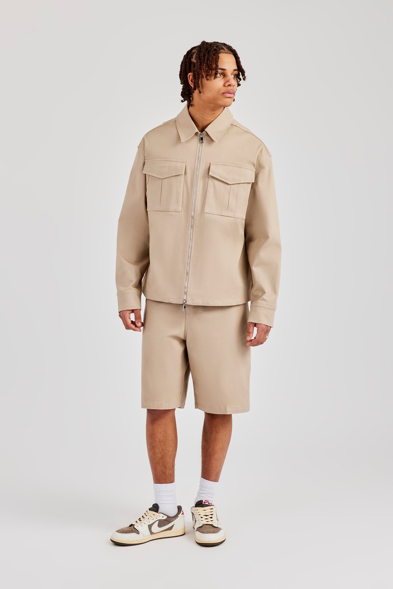 Utility Zip Through Overshirt & Tailored Jort - Beige