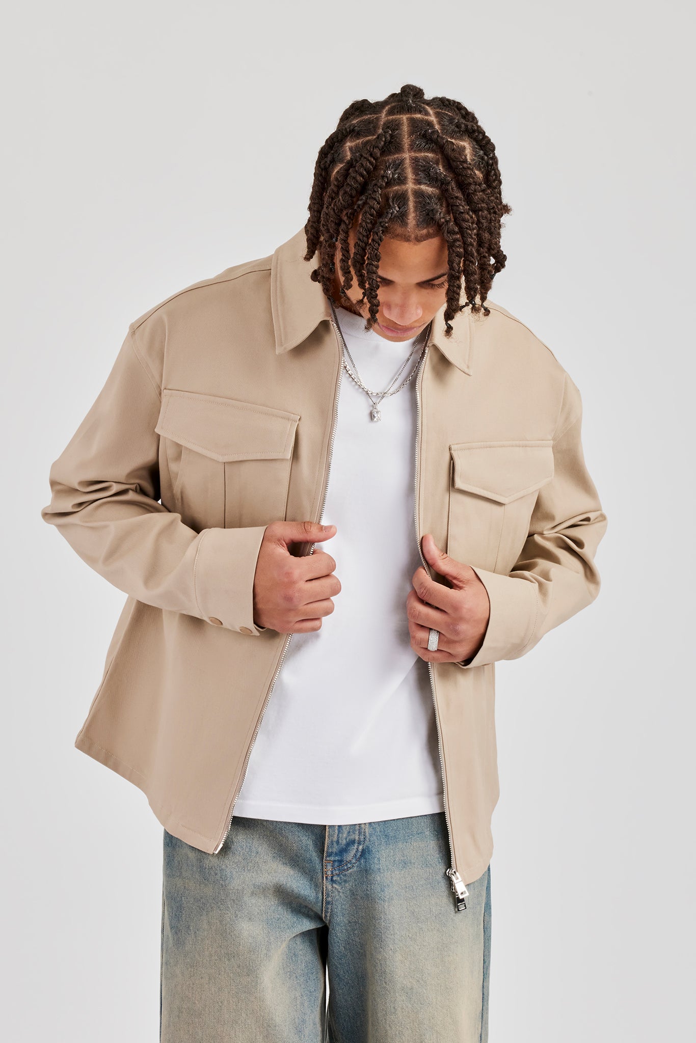 Utility Zip Through Overshirt - Beige