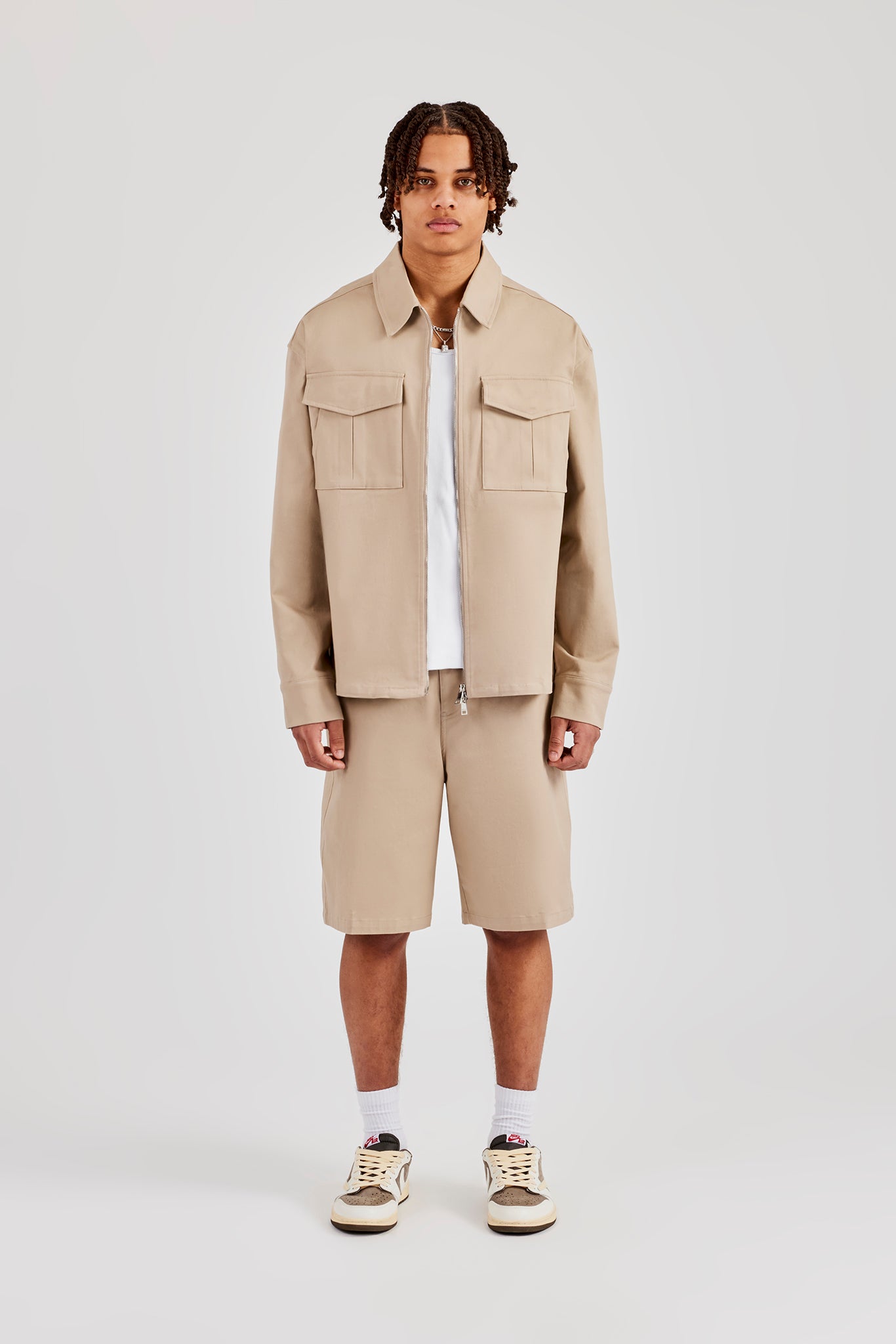 Utility Zip Through Overshirt & Tailored Jort - Beige