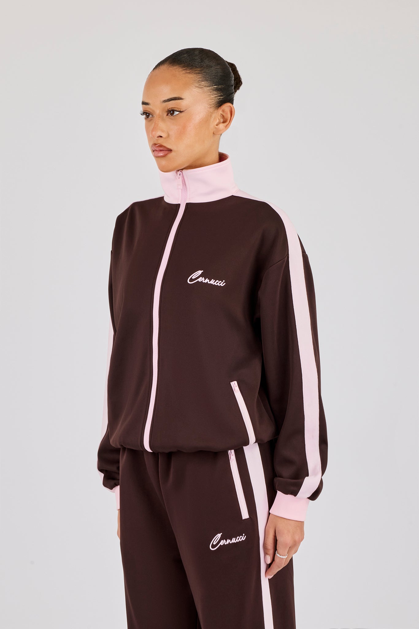 Pinkfarbene, kontrastierende Rippen-Trainingsjacke – Schokolade