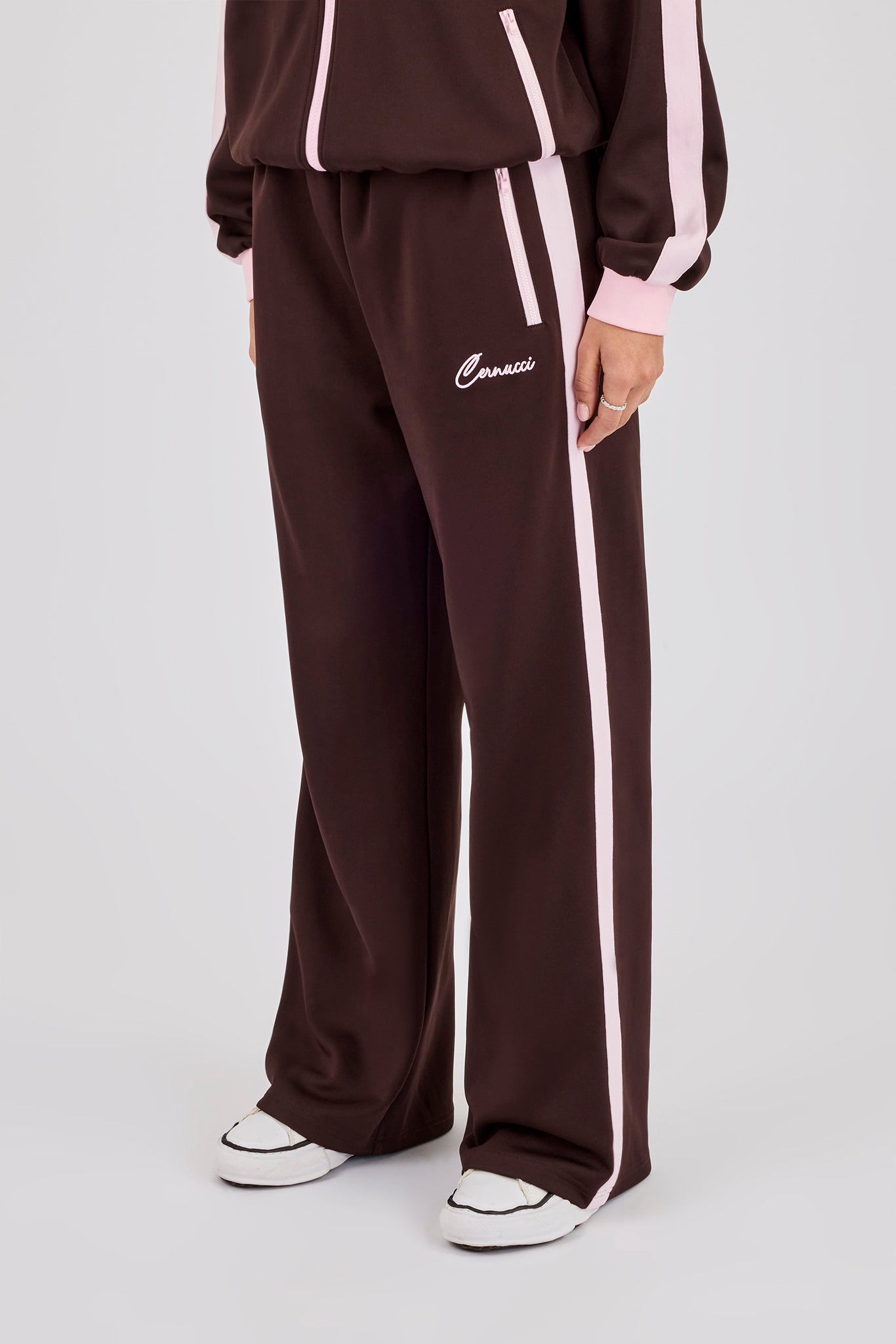 Pink Rib Contrast Track Pant - Chocolate